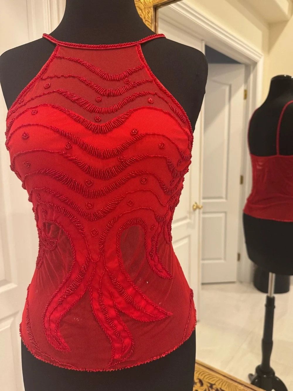 Red‎ hand Beaded Halter Sheer Camisole